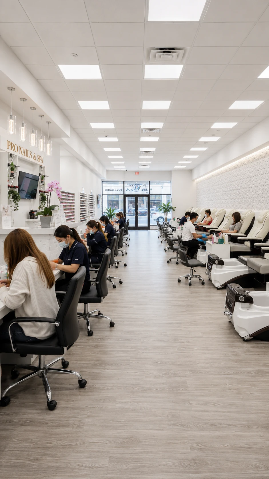 Pedicure stations and client seating at Pro Nails & Spa